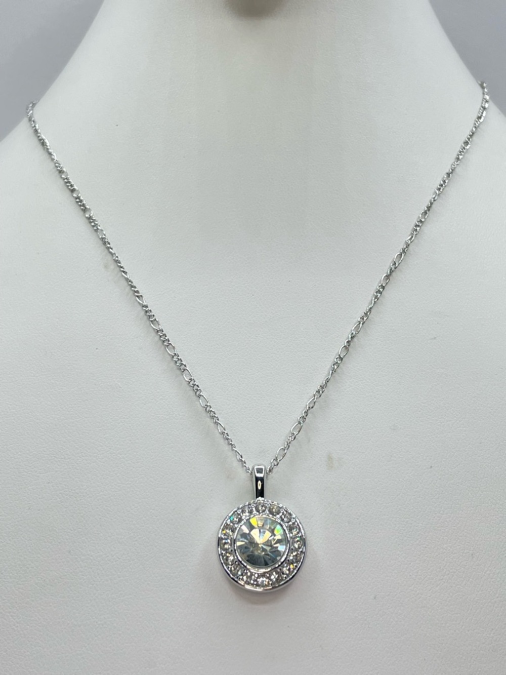 Diamond White Swarovski Crystal Halo Pendant Necklace Silver Round Statement